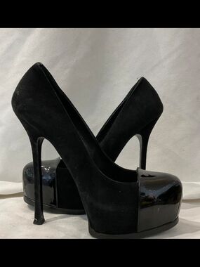 Yves Saint Laurent Black Suede and Patent Platform Pumps
